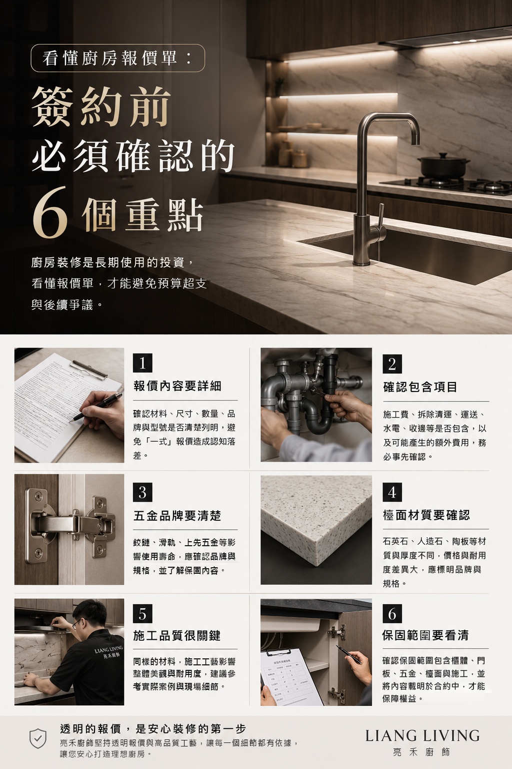 看懂廚具報價單重點解析,包含材料規格、五金品牌、施工範圍、檯面材質與保固內容等簽約前注意事項