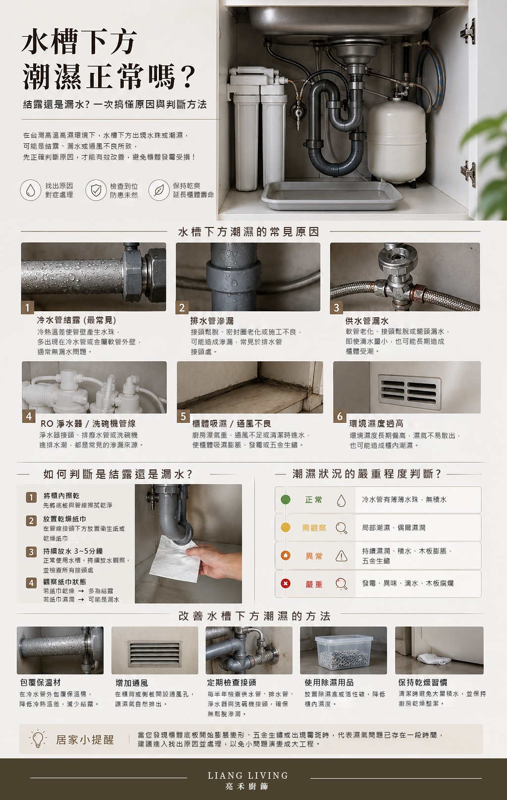 水槽下方潮濕正常嗎?解析結露、漏水與櫃體受潮原因