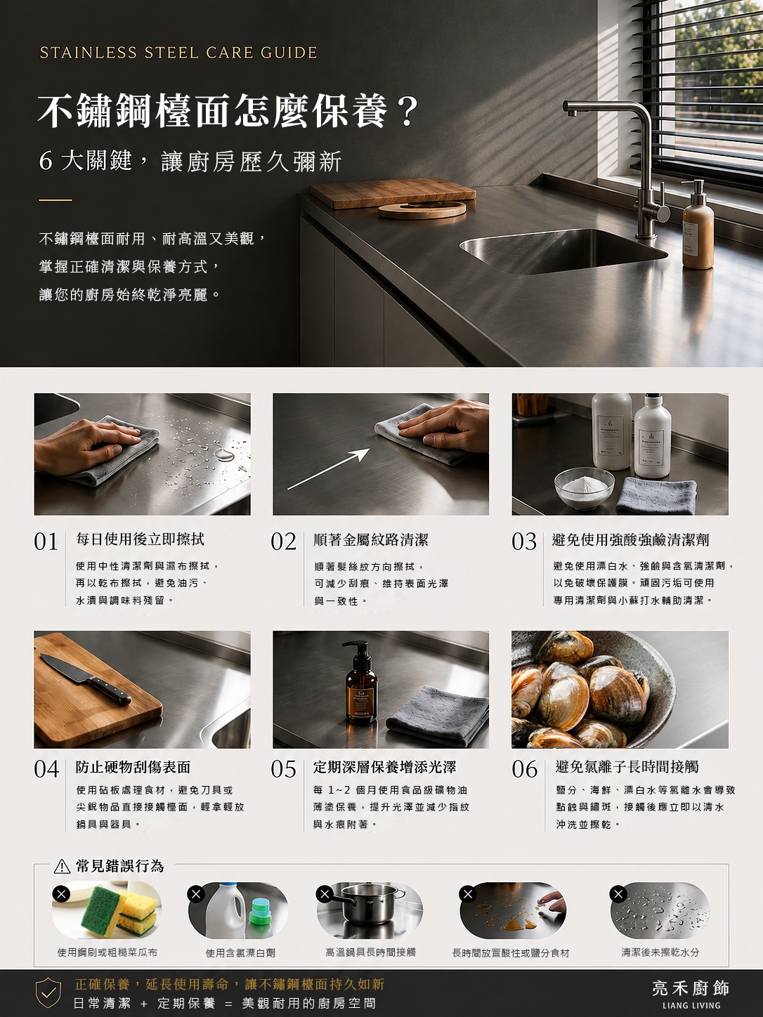 不鏽鋼檯面怎麼保養?6大清潔與保養技巧完整解析