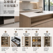 廚房收納規劃示意圖，介紹常用品配置、抽屜收納、分類整理與系統廚具收納技巧。