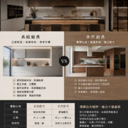 系統廚具與木作廚具優缺點比較圖，協助屋主選擇適合的廚房規劃方式